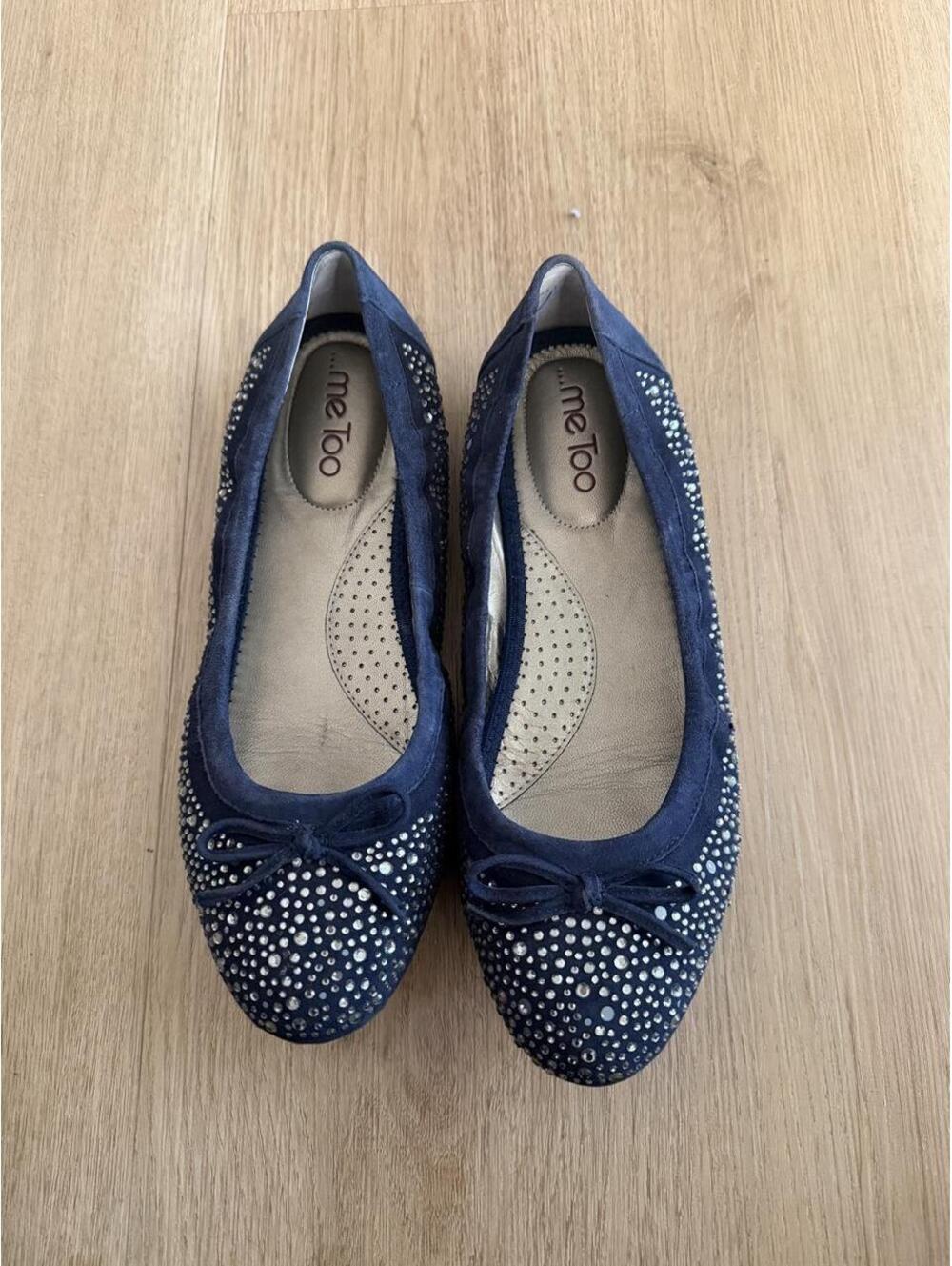 Me Too navy blue ballet flats with silver rhinestones and bow detail,